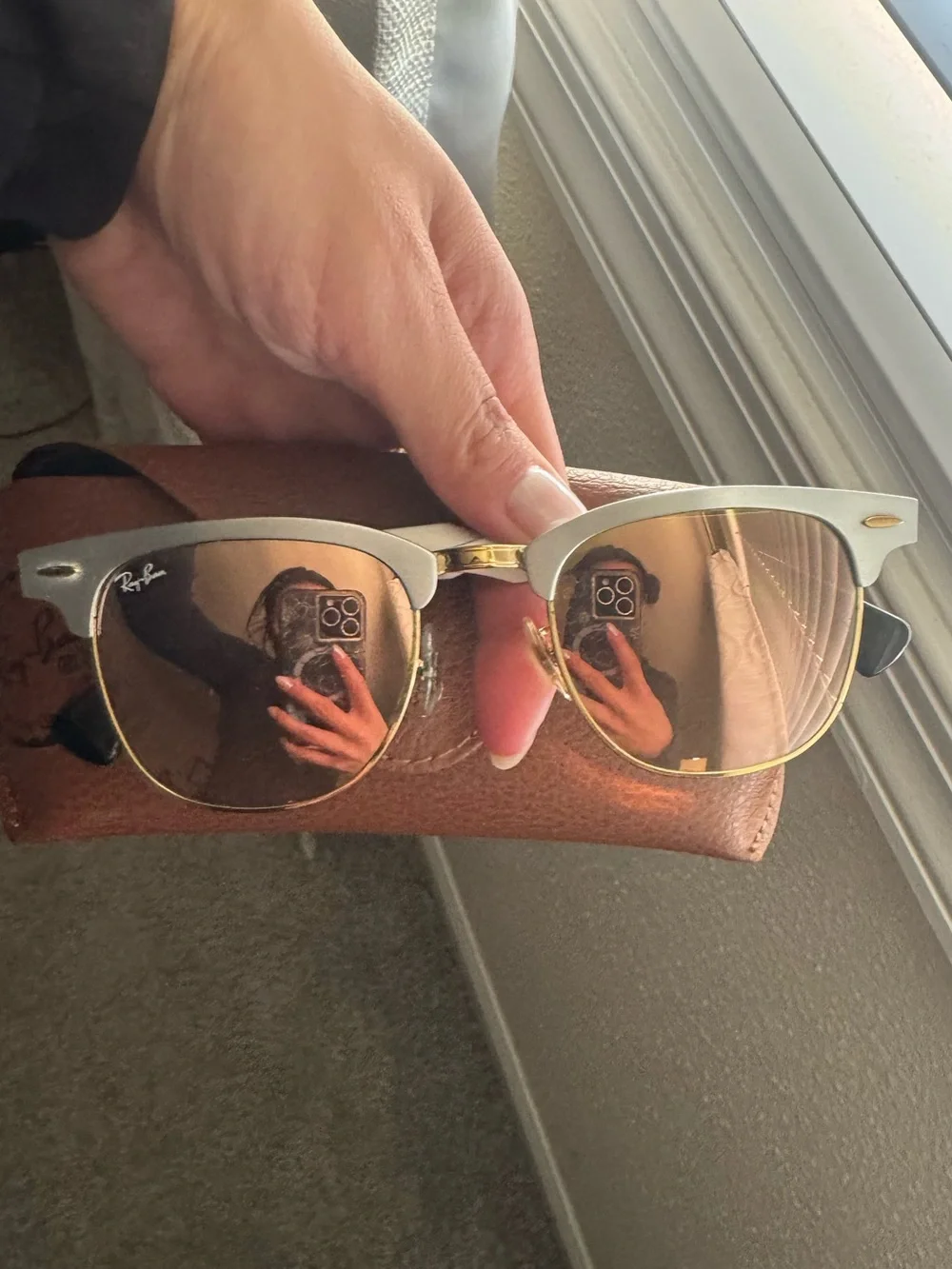 Clubmaster-Style Sunglasses in White and Gold with Pink Gradient Lenses